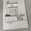 Drawing of house, house sketch, ink, painting
