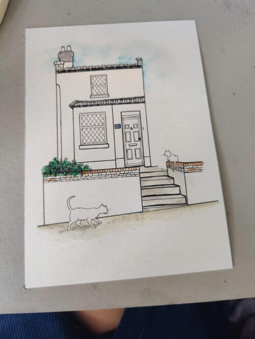 Drawing of house, house sketch, ink, painting
