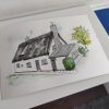 Drawing of house, house sketch, ink, painting