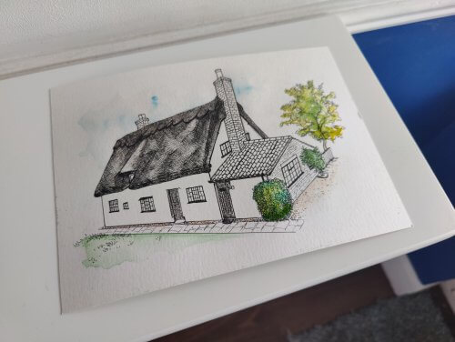 Drawing of house, house sketch, ink, painting